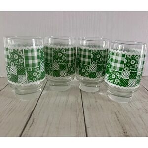 Vintage Libbey 5" Green Gingham Check Floral Patchwork Glass Tumblers Set of 4